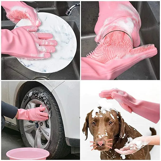 Reusable Magic Dish washing Gloves with scrubber, Silicone Cleaning, Scrub Gloves for Wash Dish, Car Washing, Kitchen, Bathroom Multipurpose Usage