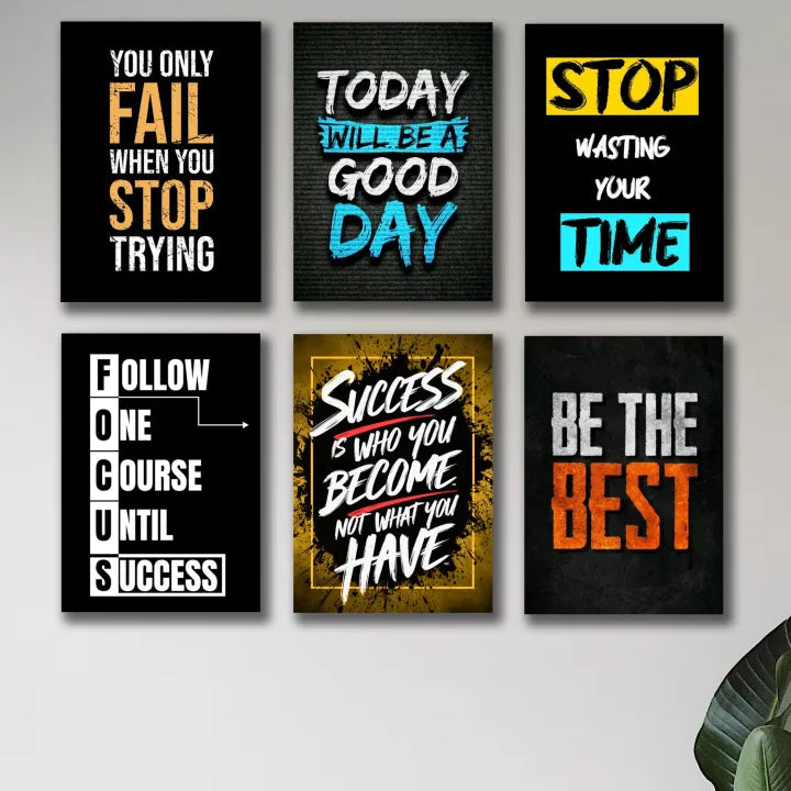 Set of 6 Motivational sticky canvas frames for wall decore / sticky phototiles