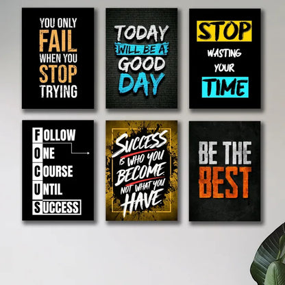 Set of 6 Motivational sticky canvas frames for wall decore / sticky phototiles